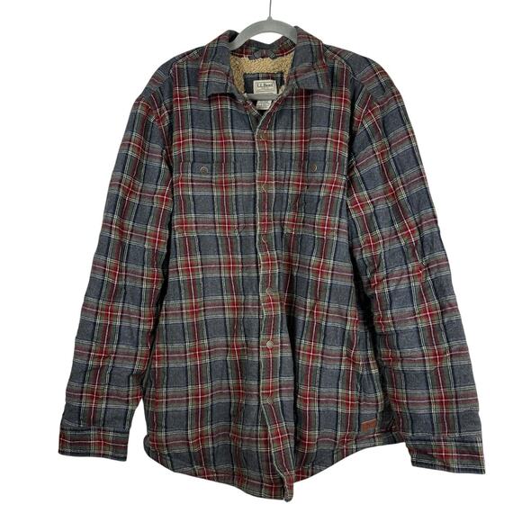 LL Bean Jacket Mens Large Gray Plaid Flannel Cotton Sherpa Shacket Chore Coat - Picture 1 of 10